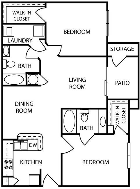Floor plan for 2 beds, 2 baths, 1130 sqft